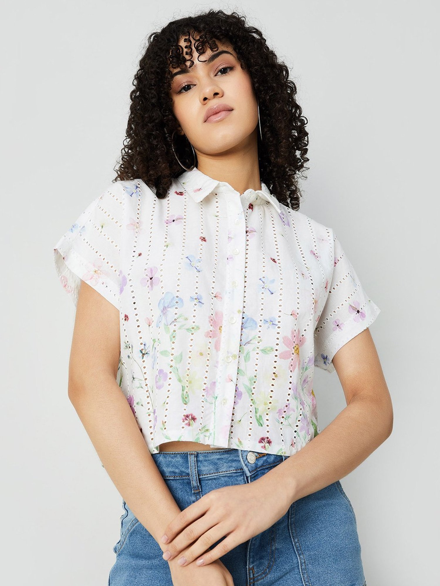 Ginger by Lifestyle White Cotton Self Design Crop Top