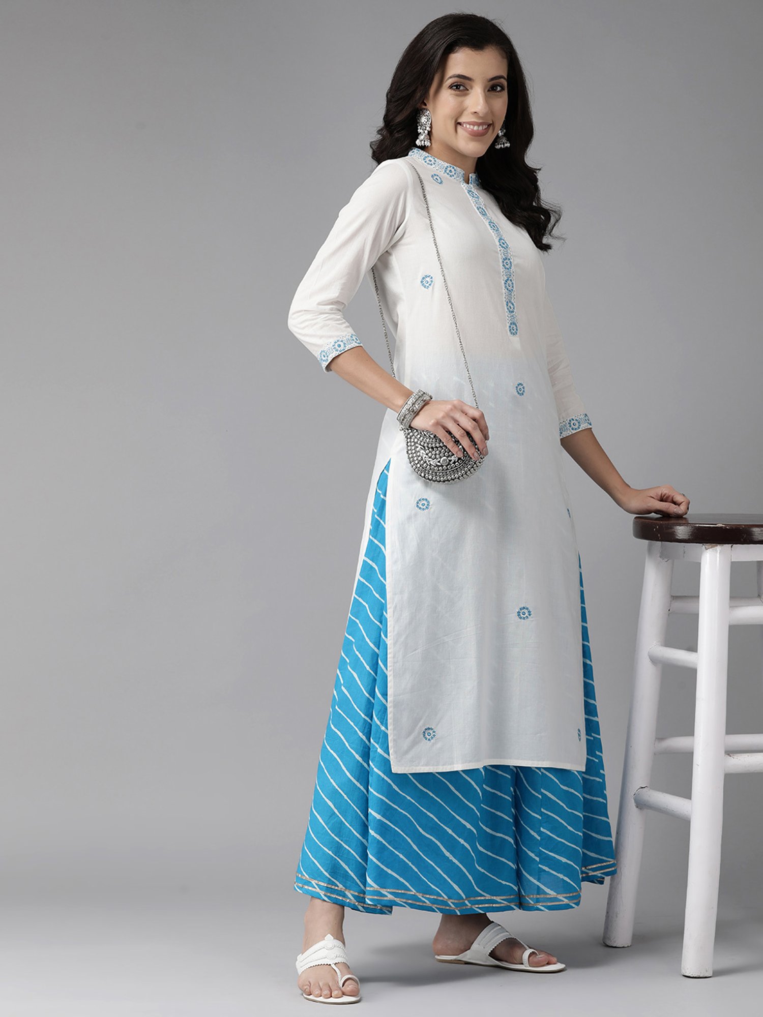 Prakrti White & Blue Cotton Embroidered Kurta & Palazzo Set