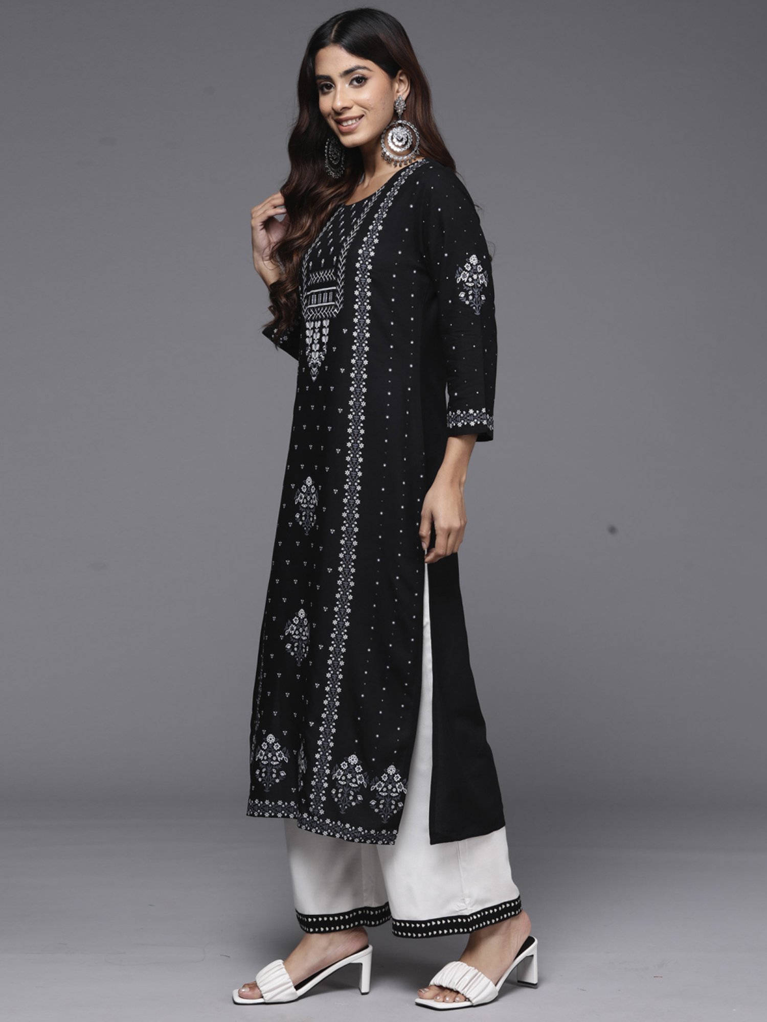 Indo Era Black Printed Straight Kurta