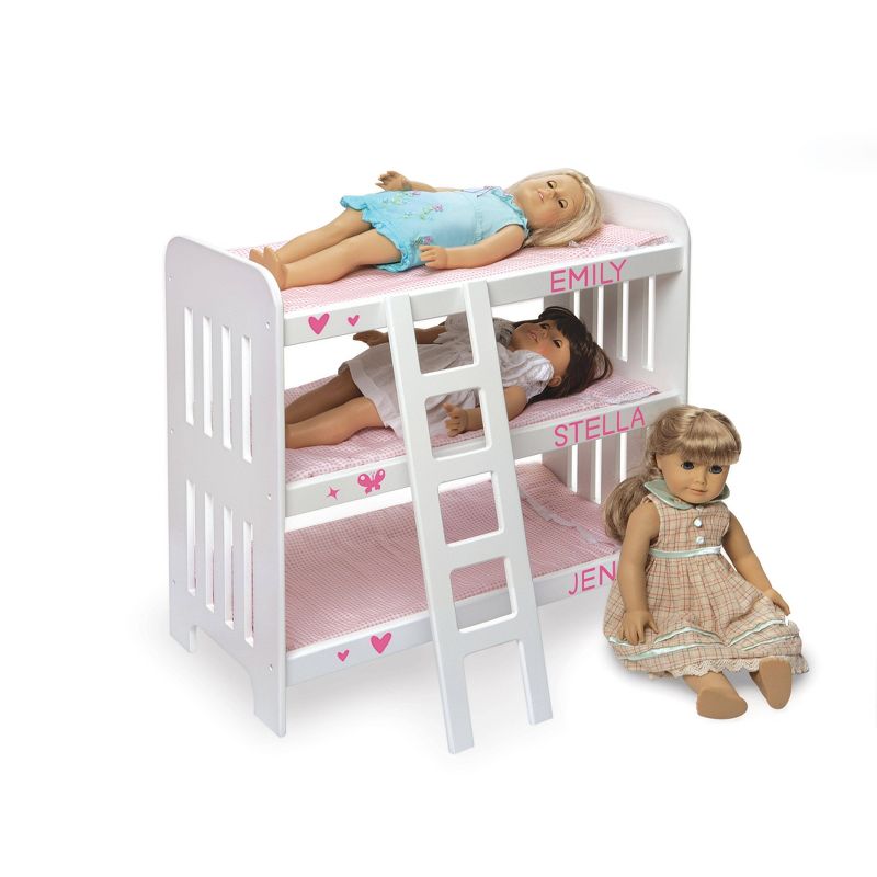 Badger Basket Triple Doll Bunk Bed with Ladder, Bedding, and Free Personalization Kit - Pink Gingham