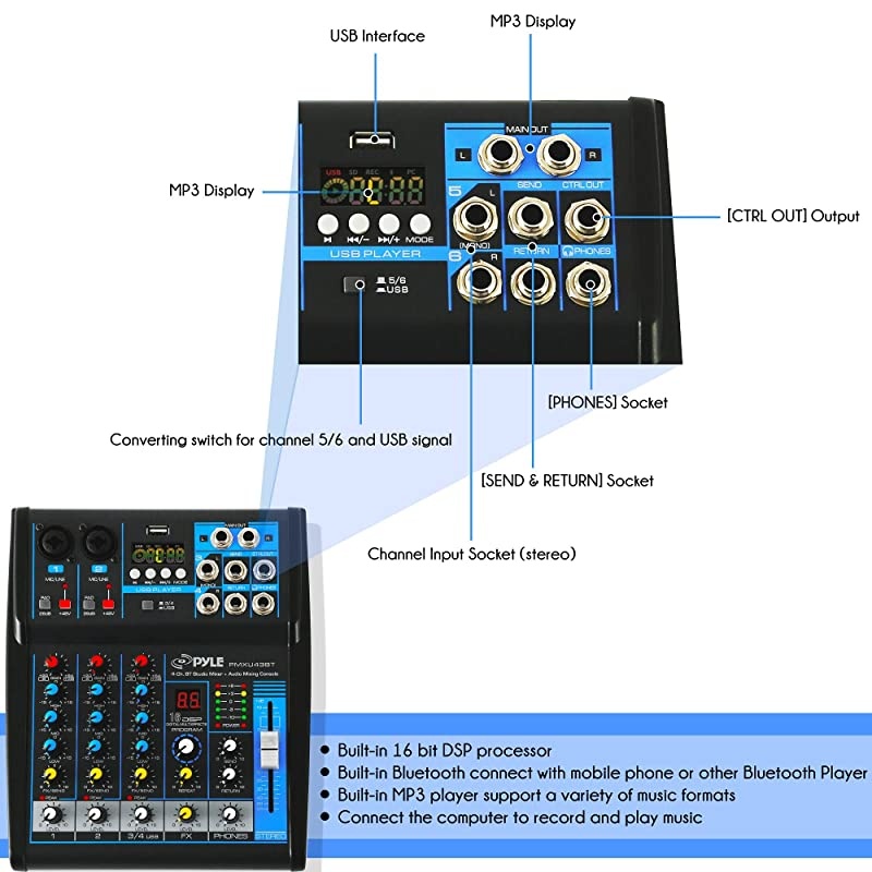 Professional Audio Mixer Sound Board Console System Interface 4 Channel Digital USB Bluetooth MP3 Computer Input 48V Phantom Power Stereo DJ Studio Streaming FX 16Bit DSP processorPMXU43BT