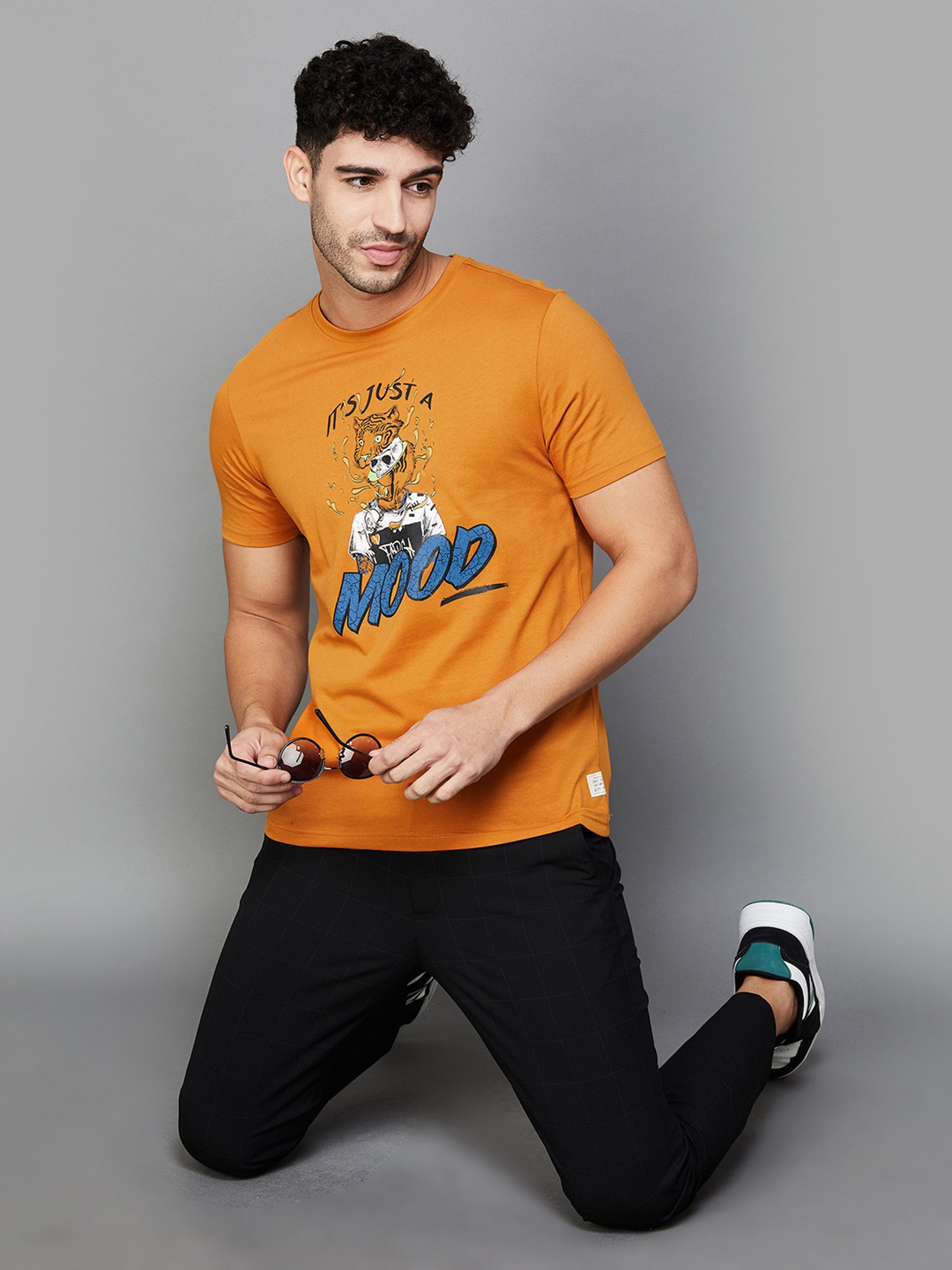 Forca by Lifestyle Orange Regular Fit Graphic Print Crew T-Shirt