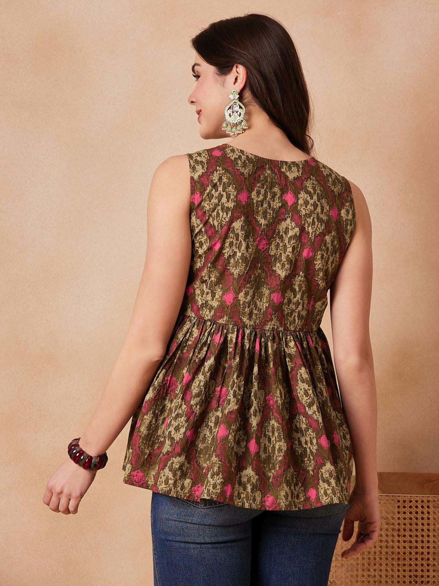 Inweave Olive Green & Maroon Cotton Printed Top