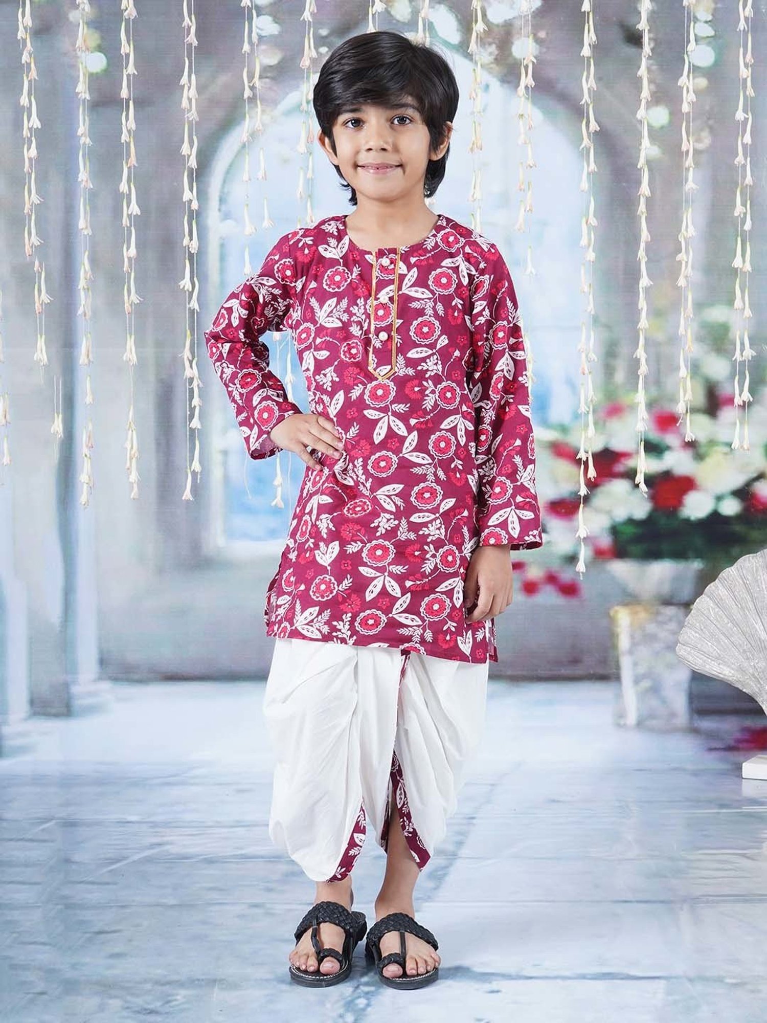 Little Bansi Maroon & White Cotton Floral Print Full Sleeves Kurta Set