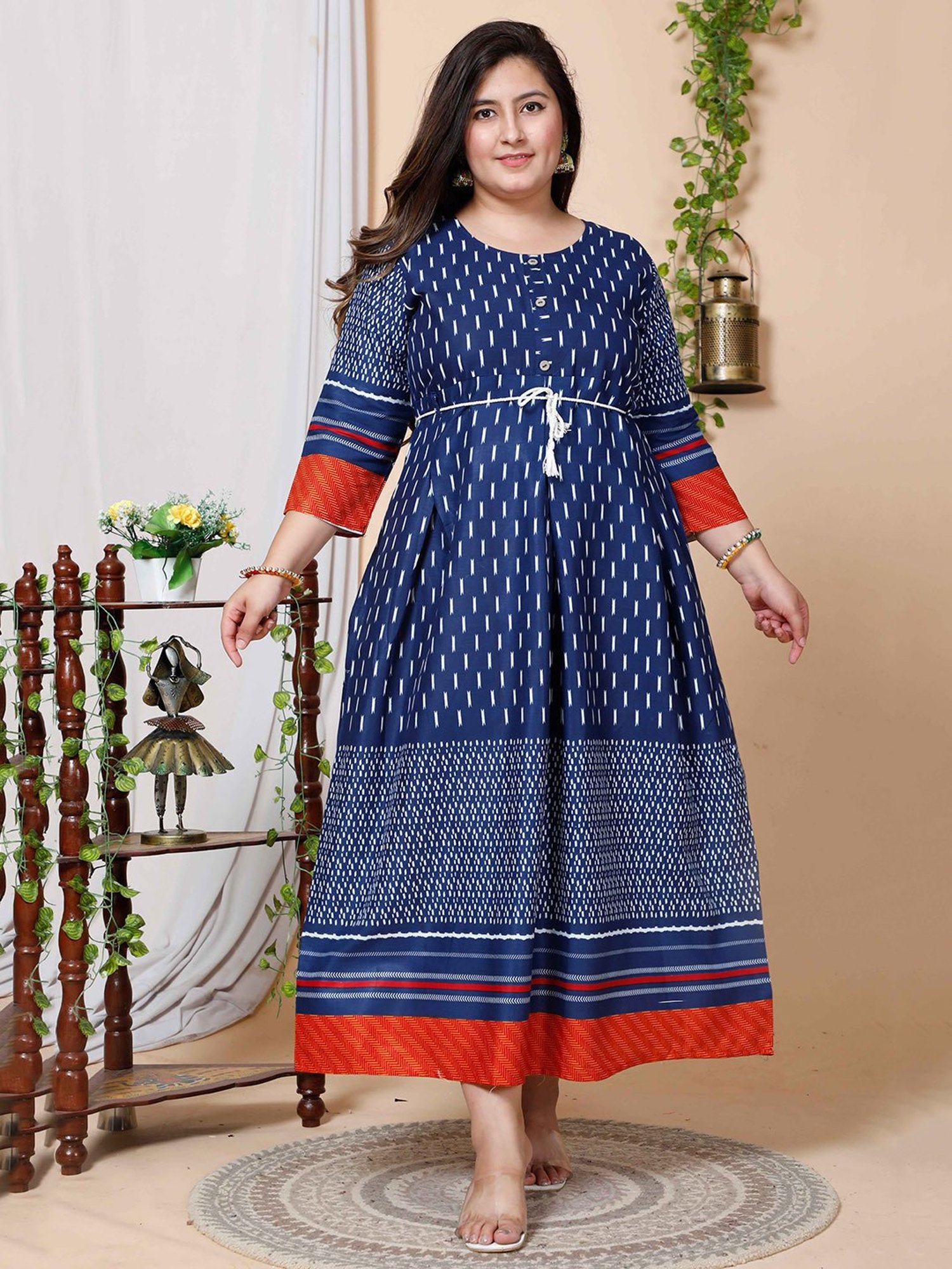 Miravan Blue Printed Plus Size A Line Kurta