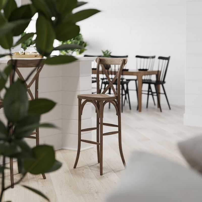 Merrick Lane 30 Inch Bistro Style Bar Height Wooden Cross Back Dining Stool in Dark Antique