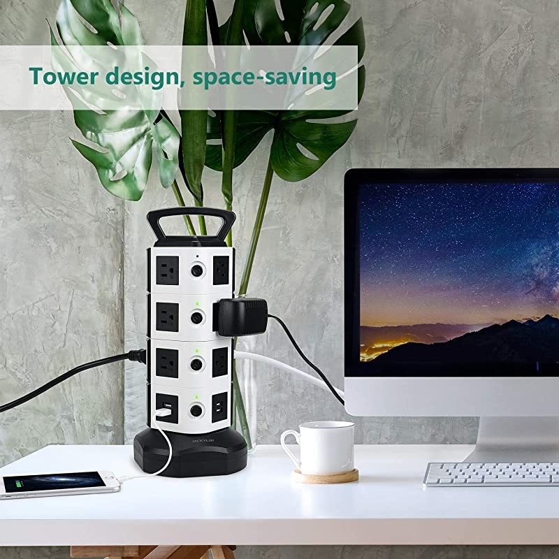 Power Strip Tower 14 Outlet Plugs with 4 USB Slot 65ft Cord Wire Extension 3000W Surge Protector Socket Charging Station for PC Laptops Mobile Devices