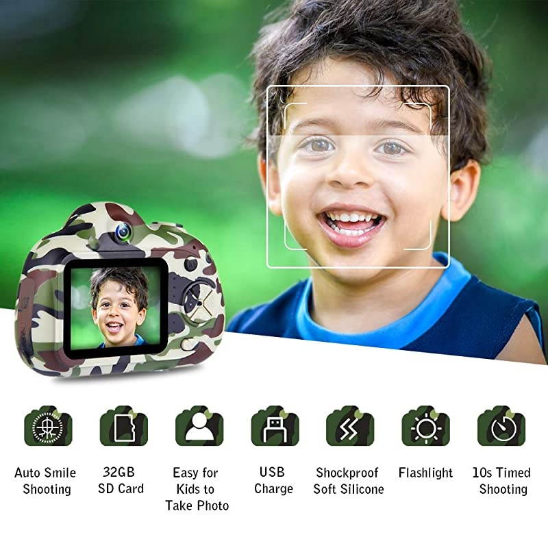 Kids Camera for Boys,4 5 6 7 Year Old Boy Gifts,Toys for 6 7 Year Old Boys,Best Gifts for Toddlers Camping,Kids Digital Video Camcorders,Camo(32GB SD Card Included).
