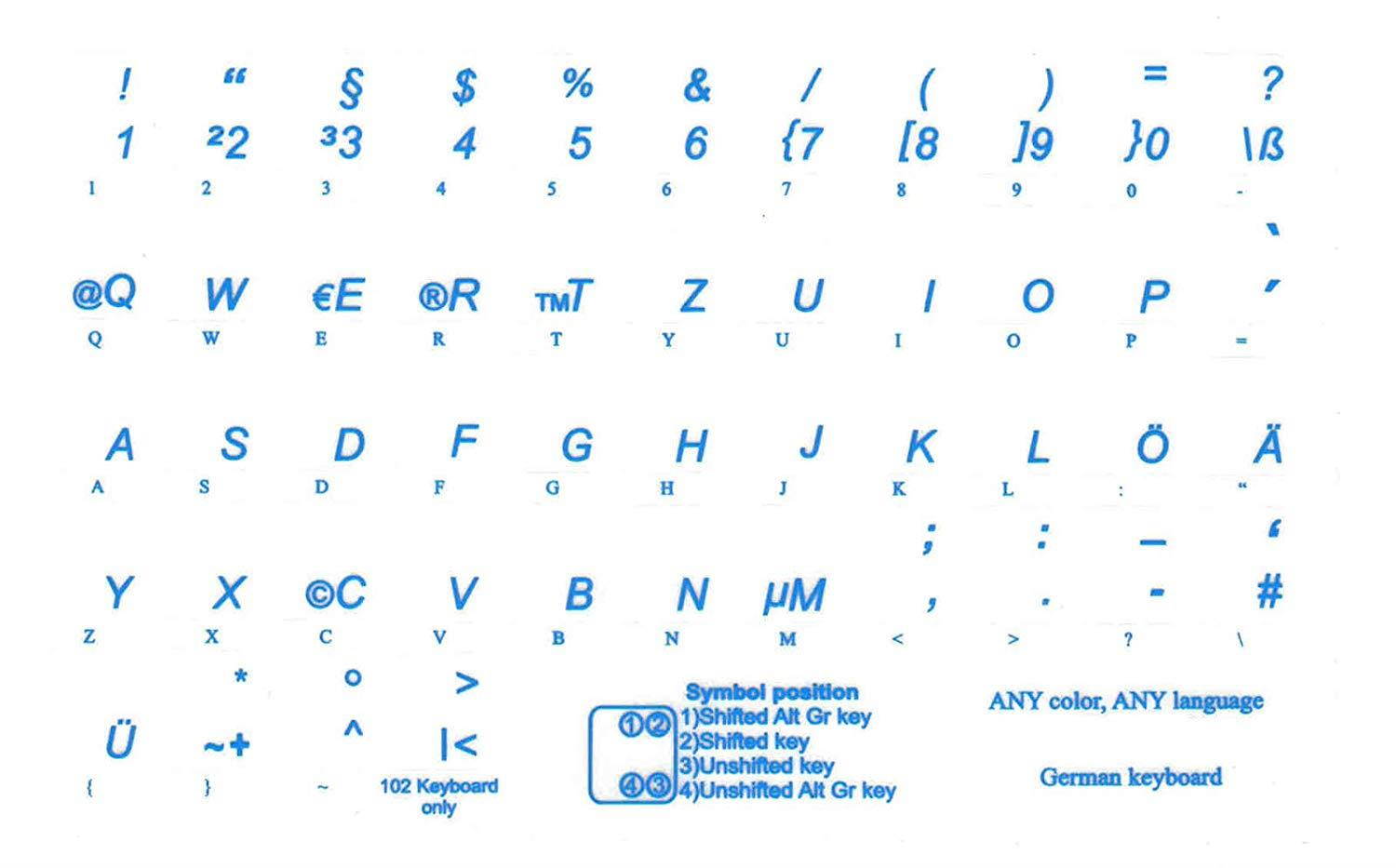 GERMAN KEYBOARD LABEL WITH BLUE LETTERING TRANSPARENT FOR COMPUTER LAPTOPS DESKTOP