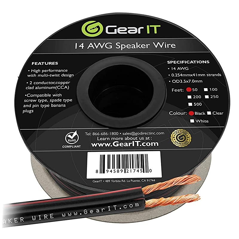 14AWG Speaker Wire  Pro Series 14 AWG Gauge Speaker Wire Cable 50 Feet 1524 Meters Great Use for Home Theater Speakers and Car Speakers Black