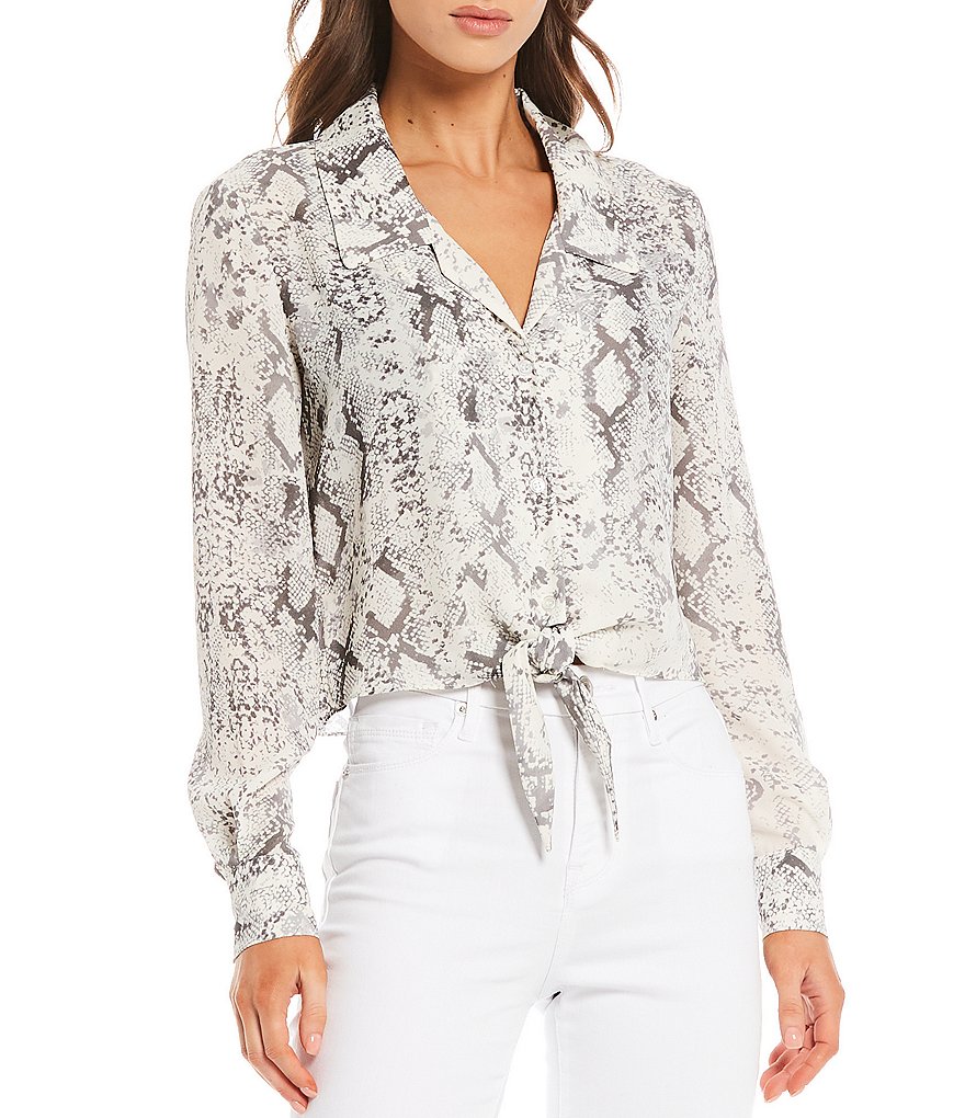 Gianni Bini Rebecca Snake Print Satin Button Front Tie Hem Blouse
