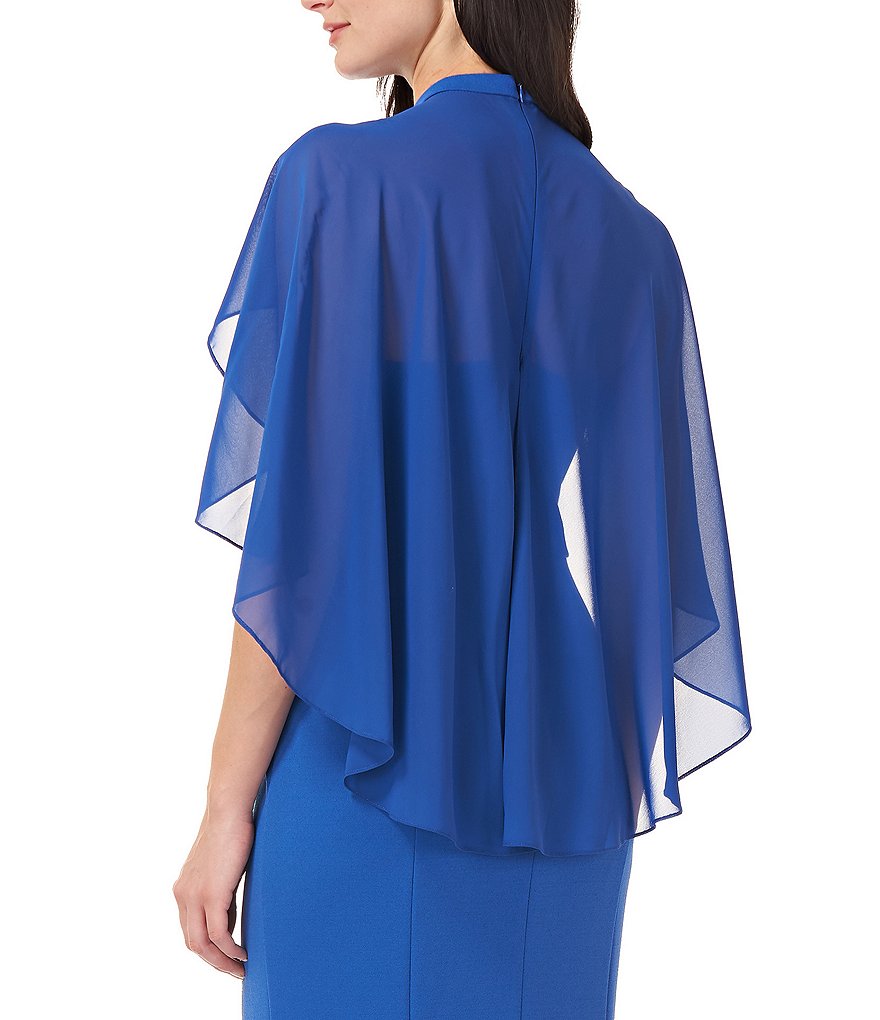 JS Collections Chiffon Capelet Stretch Crepe Crew Illusion Crew Neck Midi Dress