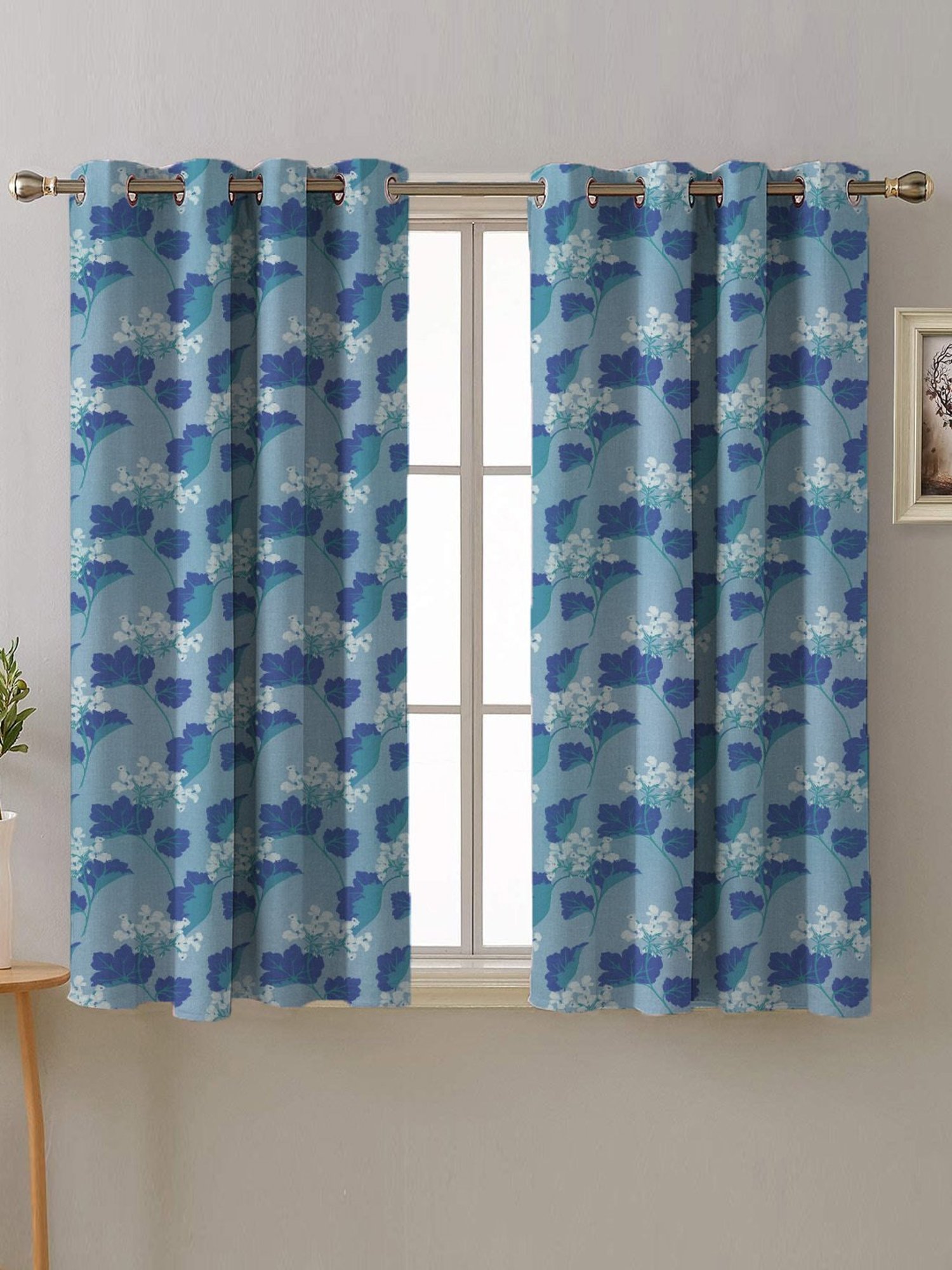SPACES DRAPE STORY Elegent Blue Floral Polyester 5 ft Curtain - Set of 2