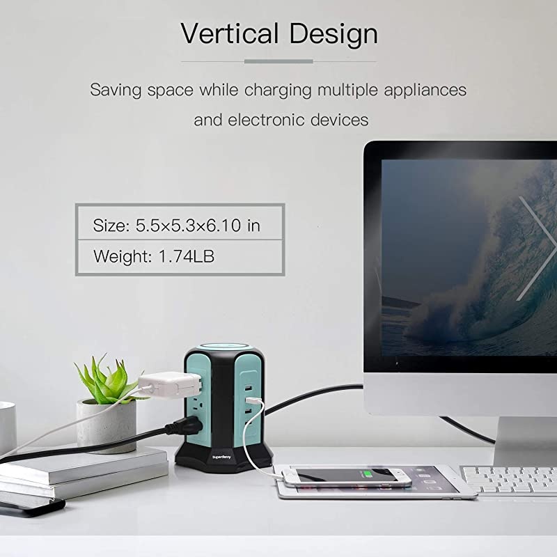 10ft Power Strip Tower Wireless Charger Surge Protector Extension Cord 10A 9-Outlet 4 USB 4.5A Fast Speed Charging Electrical Station Universal Socket for Laptop Phone Black and Blue