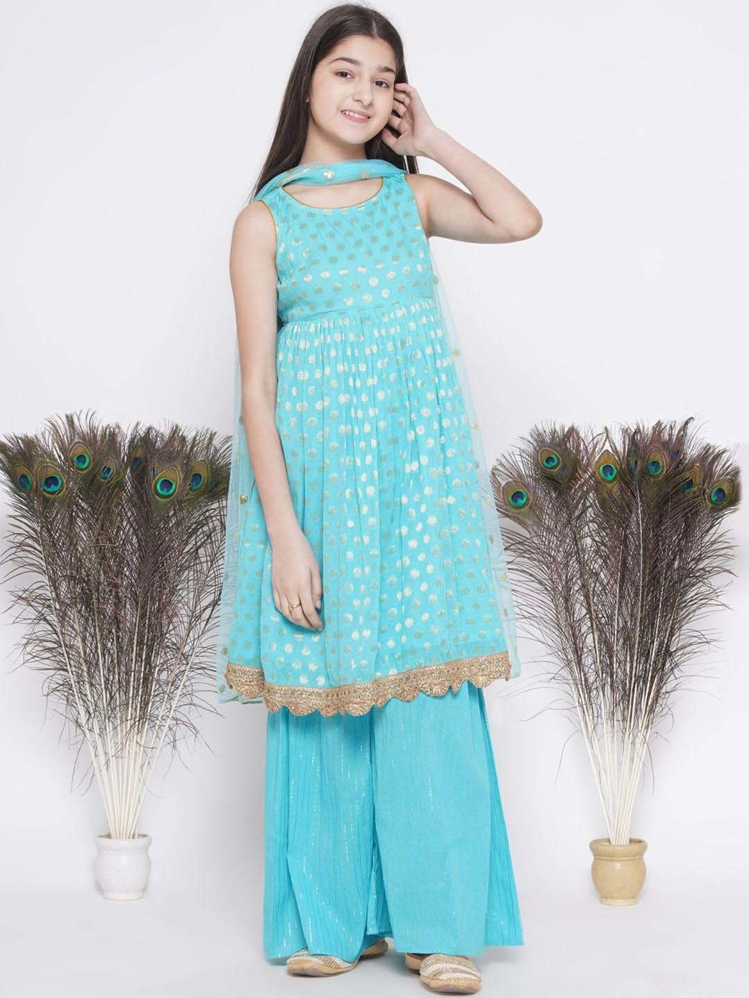 Little Bansi Firozi Blue Cotton Floral Print Kurta Set