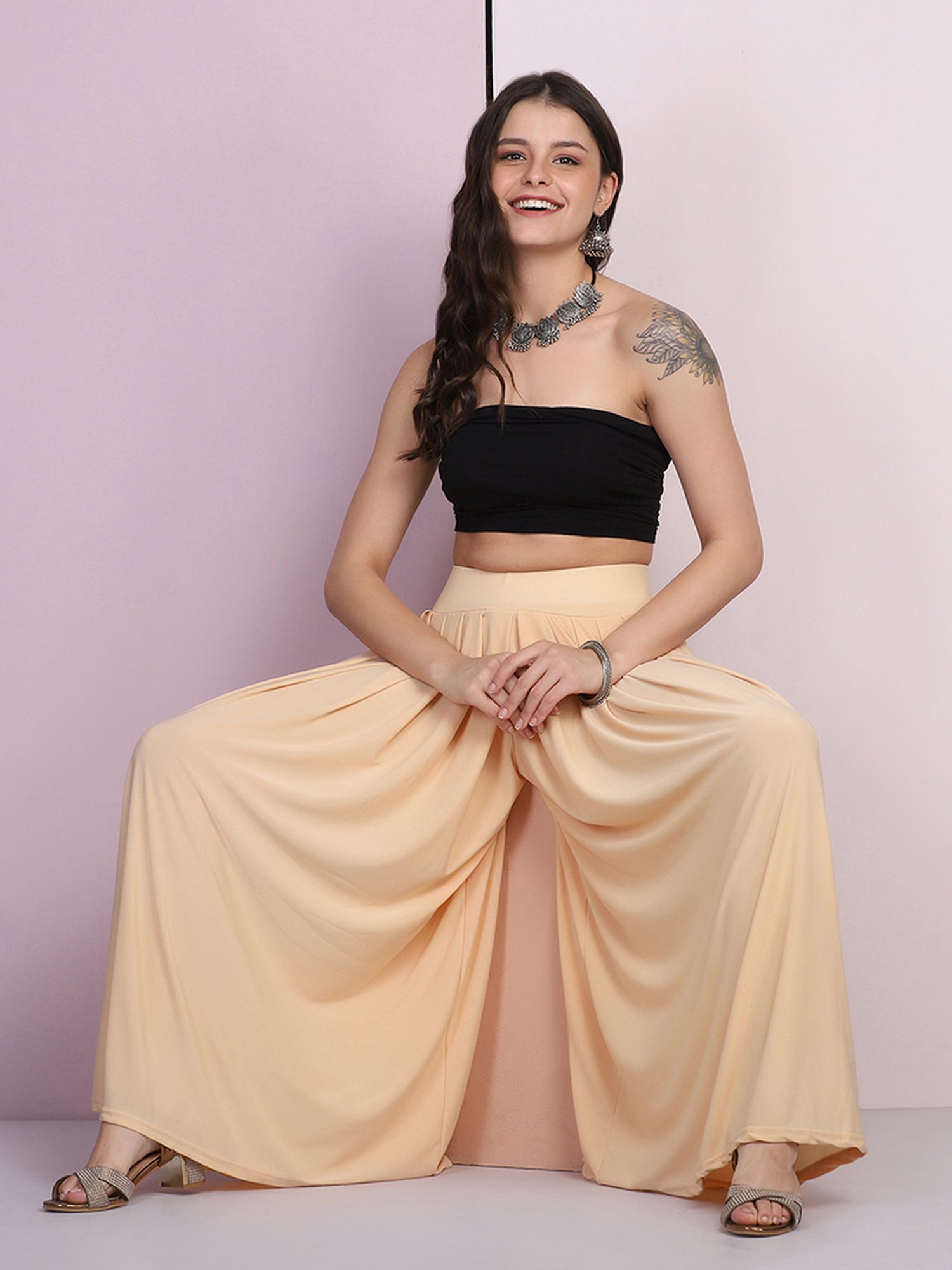 BUYNEWTREND Beige Mid Rise Palazzos