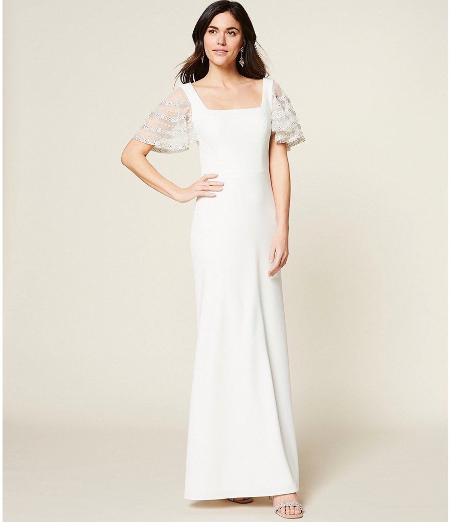 Betsy & Adam Beaded Flutter Sleeve Scuba Crepe Gown
