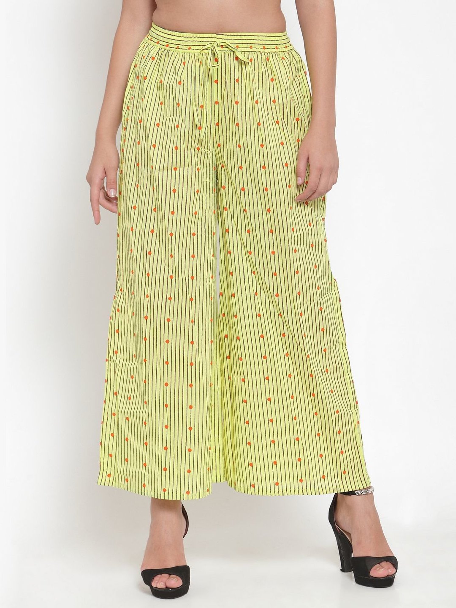 Indibelle Yellow Cotton Striped Palazzos