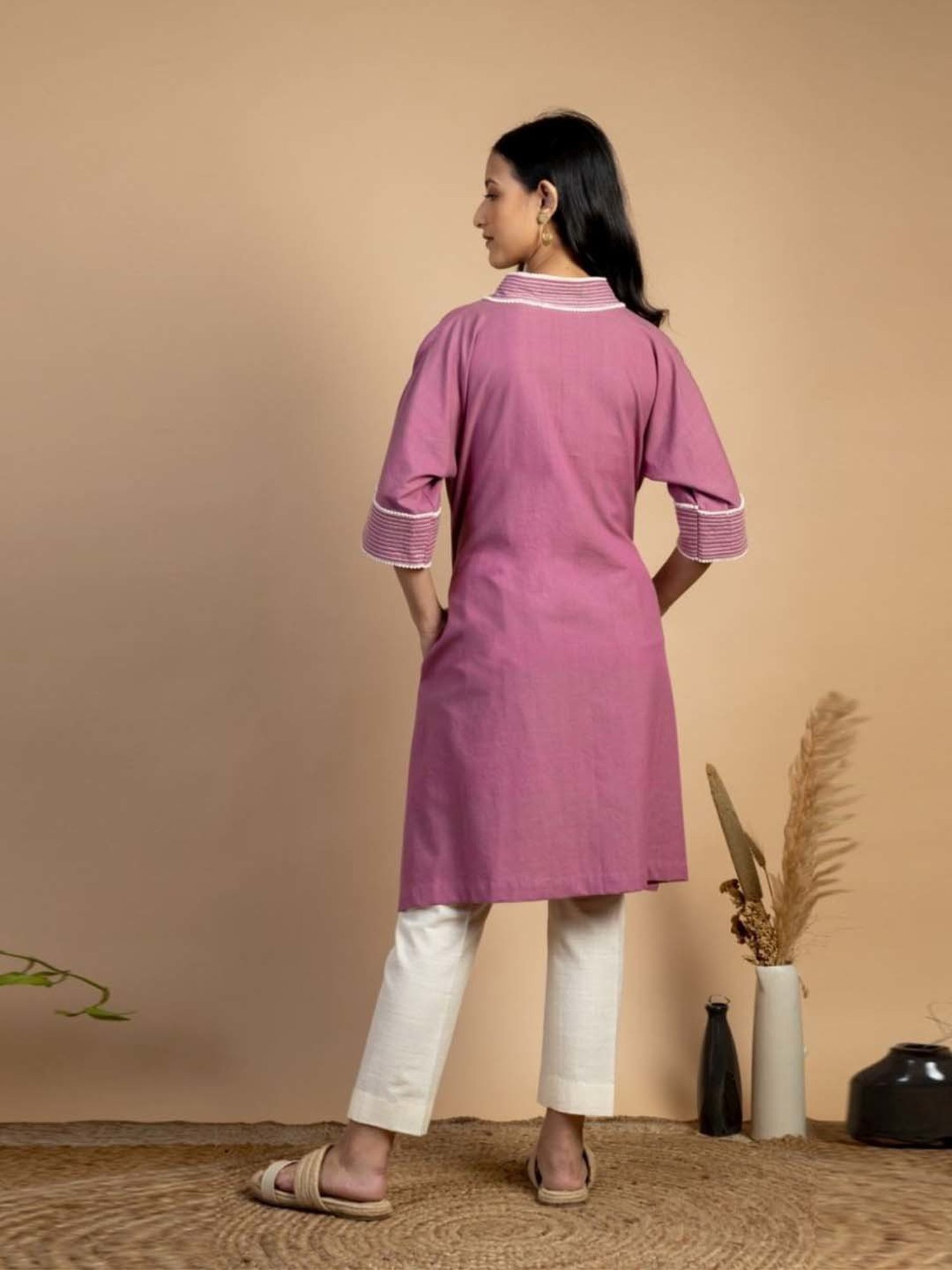 Mushio Magenta Pink Kriti Hand Woven Kaftan Style Kurta