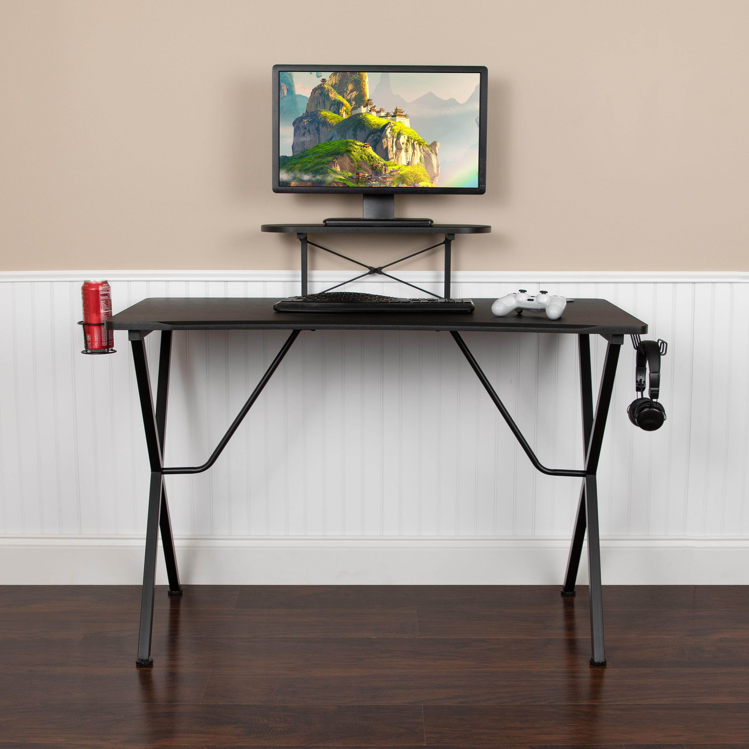 Gaming Desk 47.2" W x 23.6" D Office Computer Table, Black Gamer Workstation with 2 Cable Management Holes
