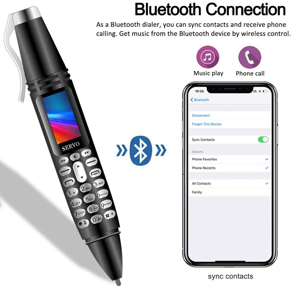 Pen Mini Cell Phone Bluetooth Dialer 0.96" Tiny Screen Mobile Phone Support GSM Dual SIM Max 32G TF Card with Camera Flashlight FM Radio Music Player Rechargeable (Black)