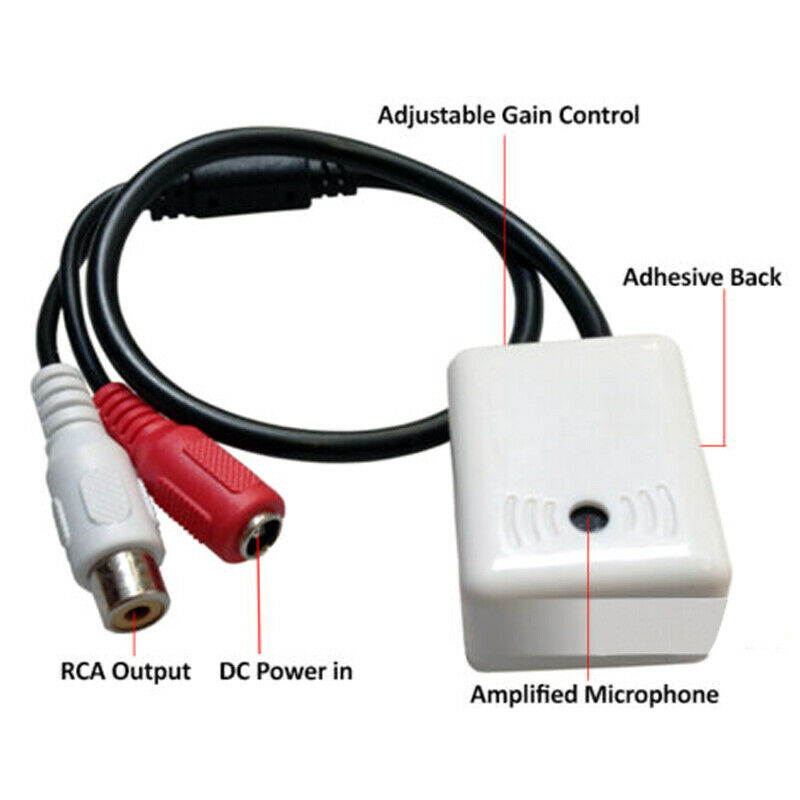 CCTV Camera Audio Microphone RCA DC High Sensitivity Gain Stick-on Mic for DVR RCA Output DC Power in Amplified Microphone Adjustable Gain Control Rotatable Noise Reduction US STOCK