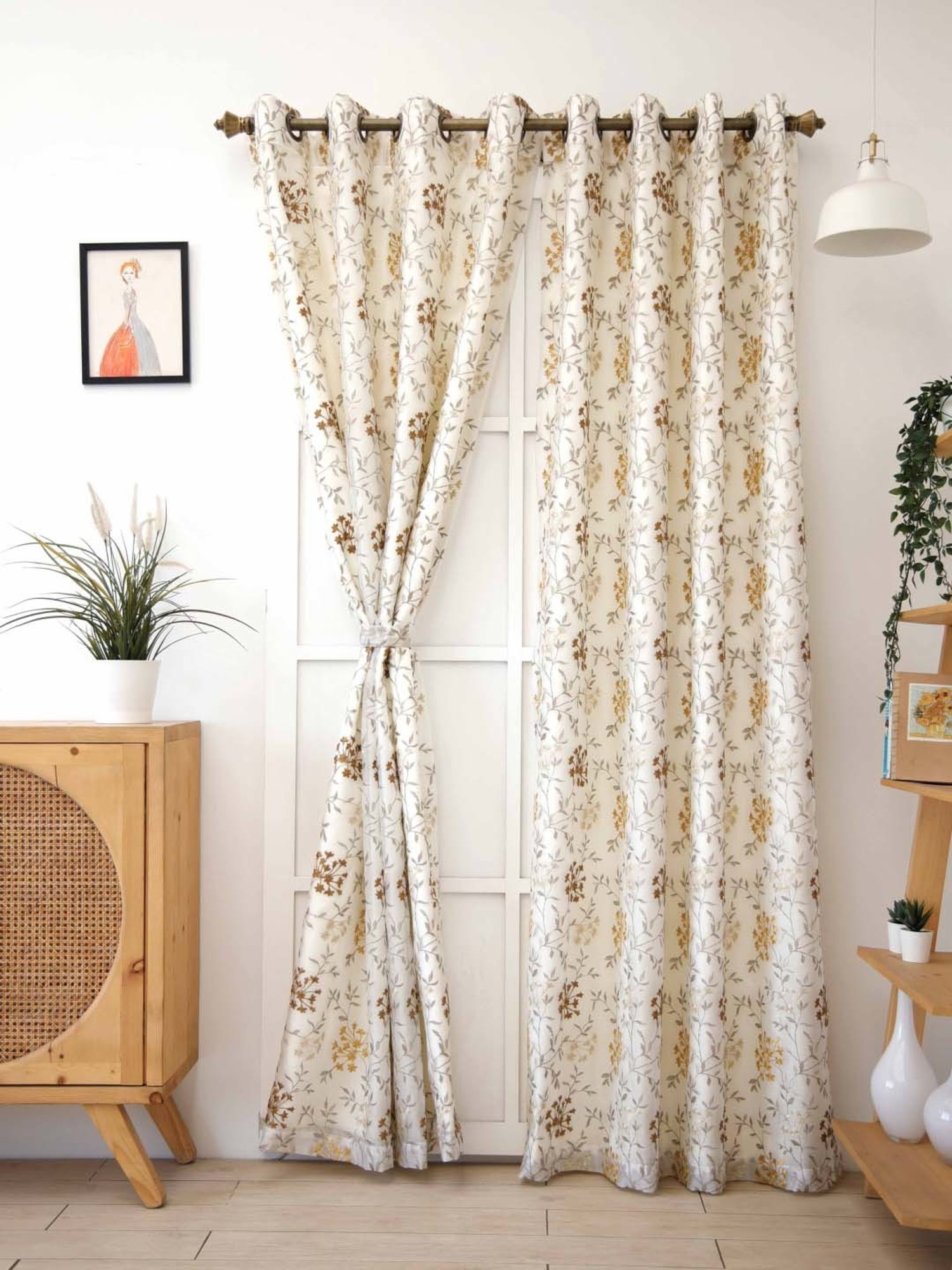 Ariana Beige & Mustard Polyester 9 Ft Long Door Curtain - Single Piece