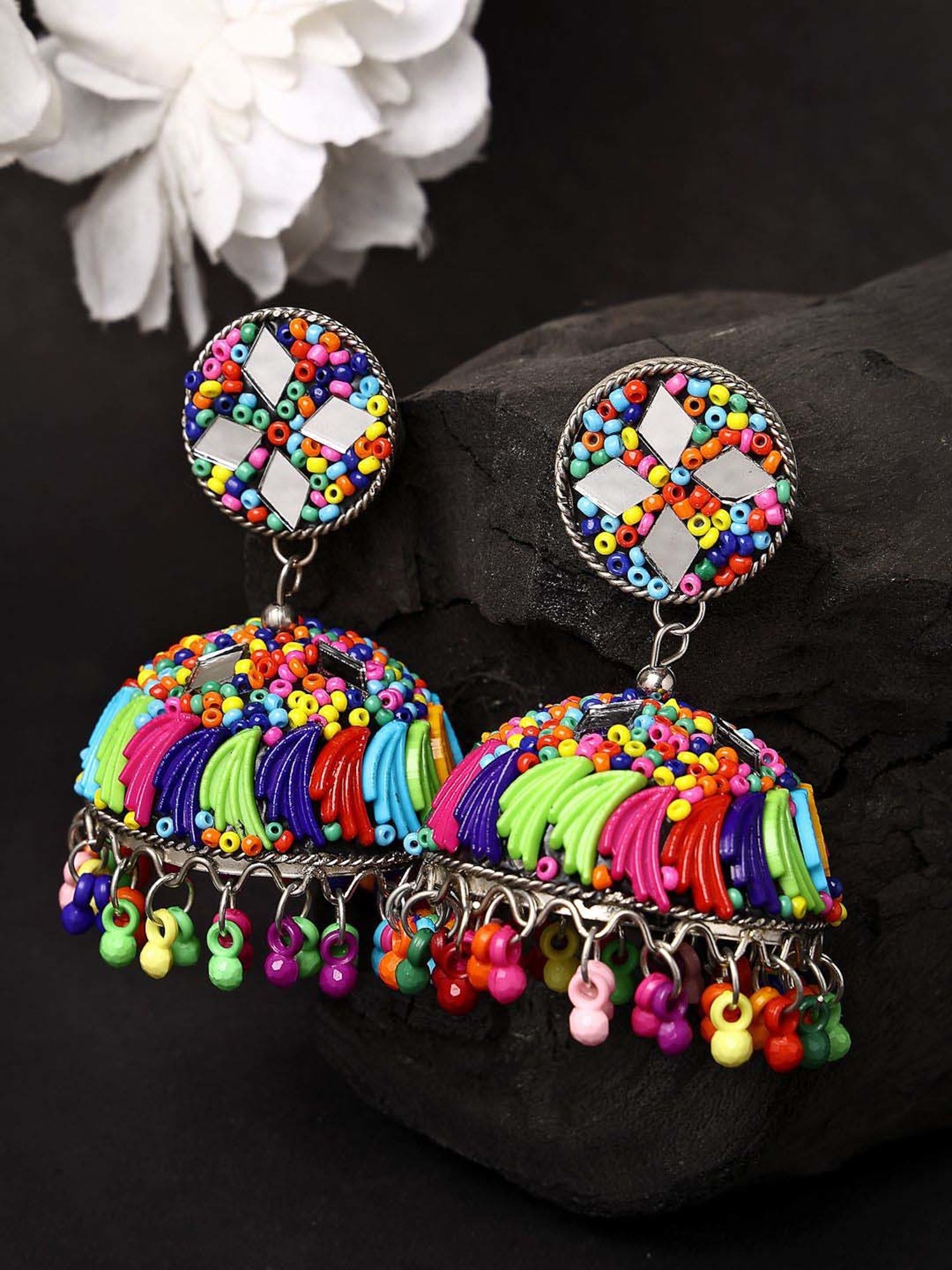 NVR Multi Color Artificial Beads Brass-Plated Dome Shaped Jhumki Earrings for Women