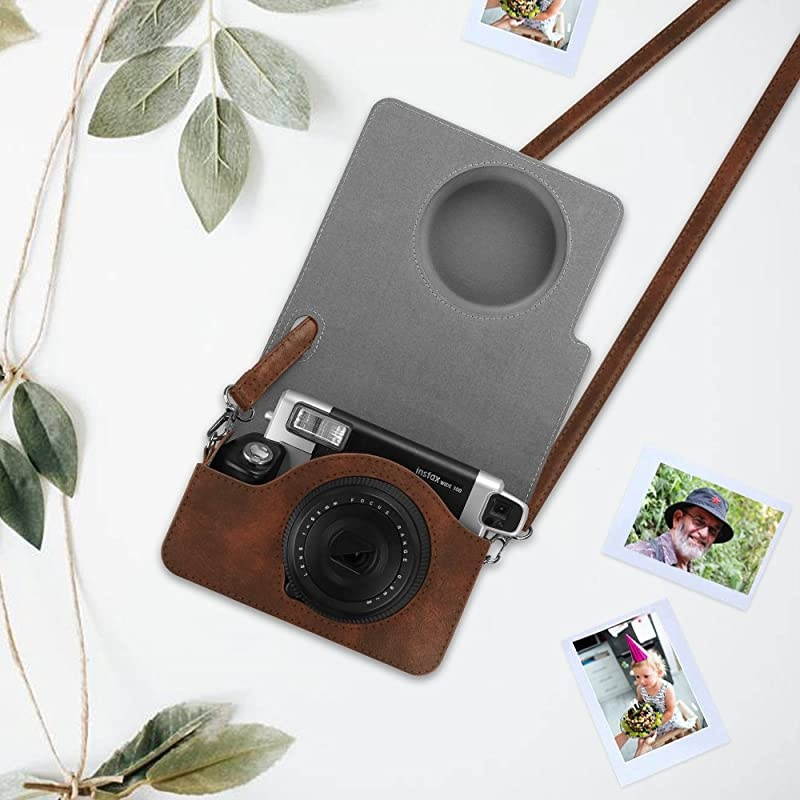 Protective Case Compatible with Fujifilm Instax Wide 300 Instant Film Camera - Premium PU Leather Protective Bag Cover w/Removable Strap, Vintage Brown