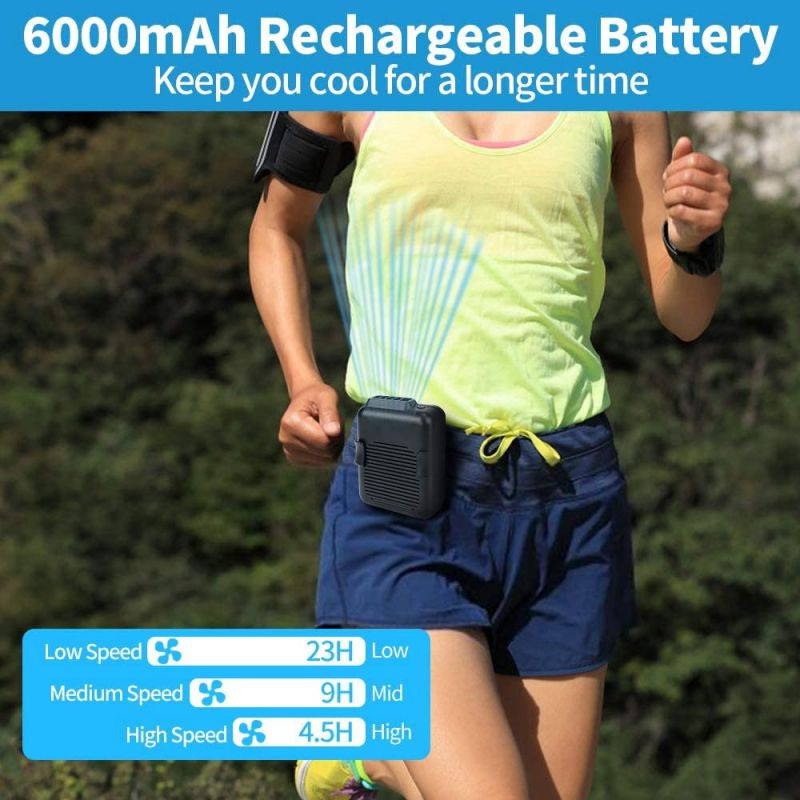 Personal Waist Fan, USB Necklace Fan, Hands Free Waist Cooling Fan with 6000mAh Rechargeable Battery, 23H Working Time, 3 Speeds, Great for Outdoor Workers, Hiking, Climbing, Camping