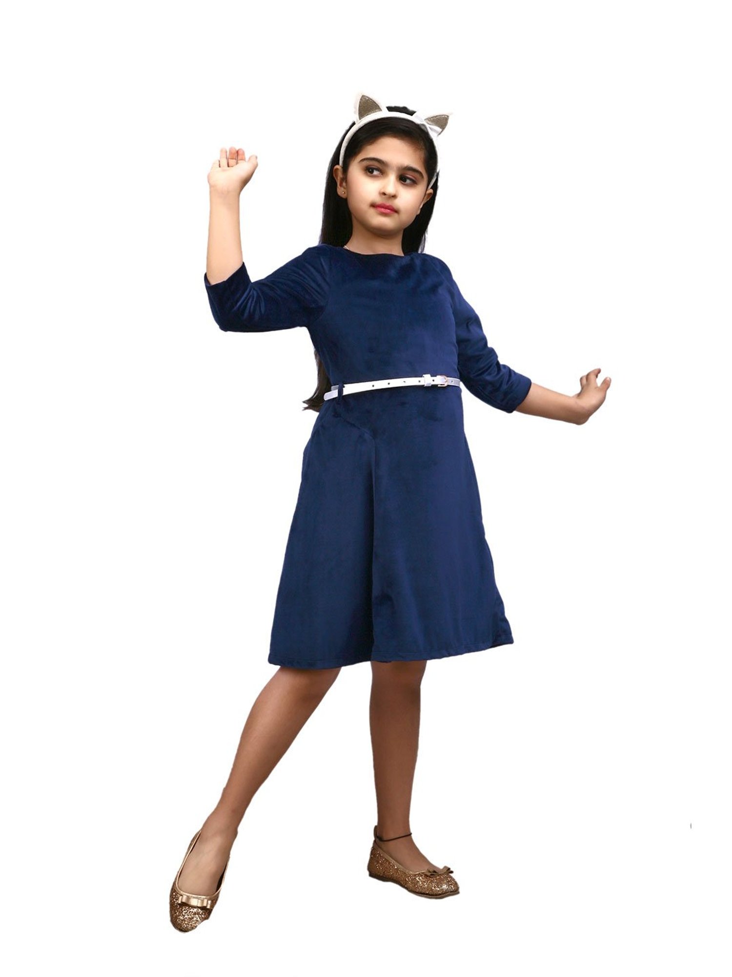 KidsDew Kids Navy Solid Dress with Belt
