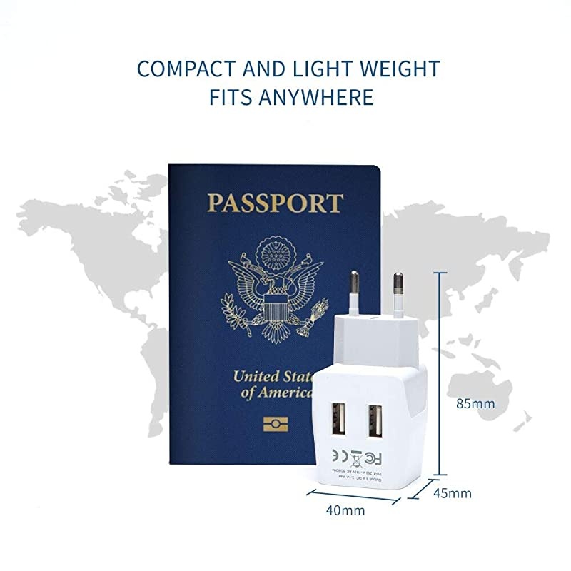 Europe Travel Adapter  Ultra Compact Dual USB Power Plug for European Type C 3 Inputs iPhone Laptop Galaxy Cell Phones Camera Chargers iWatch More CTU9C