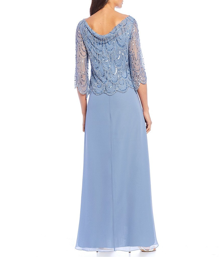 Jkara Sequin Chiffon Cowl Neck Scalloped Beaded Gown
