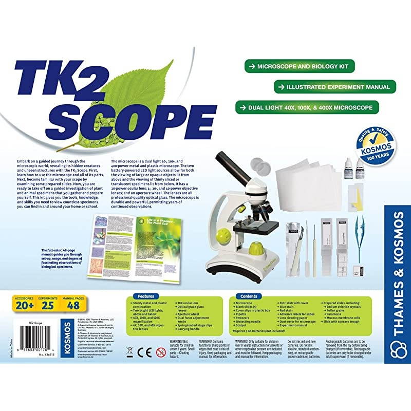 TK2 Scope Biology and Durable Metal Microscope Set with Glass Optics, 25 Experiments and 48 Page Full Color Lab Manual, Professional Student Quality (636815)
