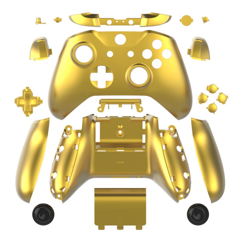 Chrome Color Case Housing Full Shell Set Faceplates + ABXY Buttons + RB LB Bumpers + Right/Left Rails for Xbox One S Slim (3.5 mm Headphone Jack) Controllers (Chrome Gold) for 1807 Version