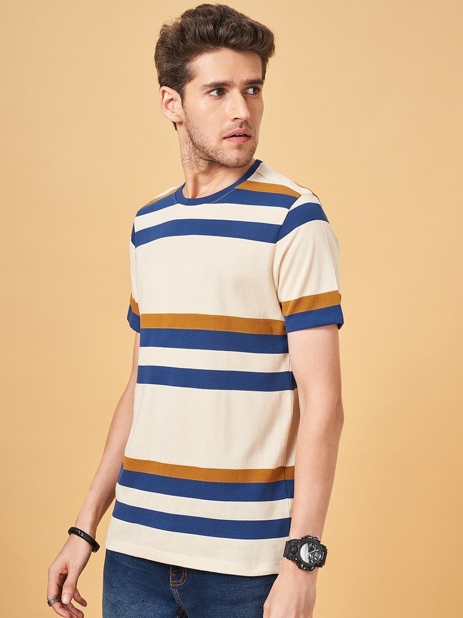 SF Jeans by Pantaloons Mustard Cotton Slim Fit Striped T-Shirt