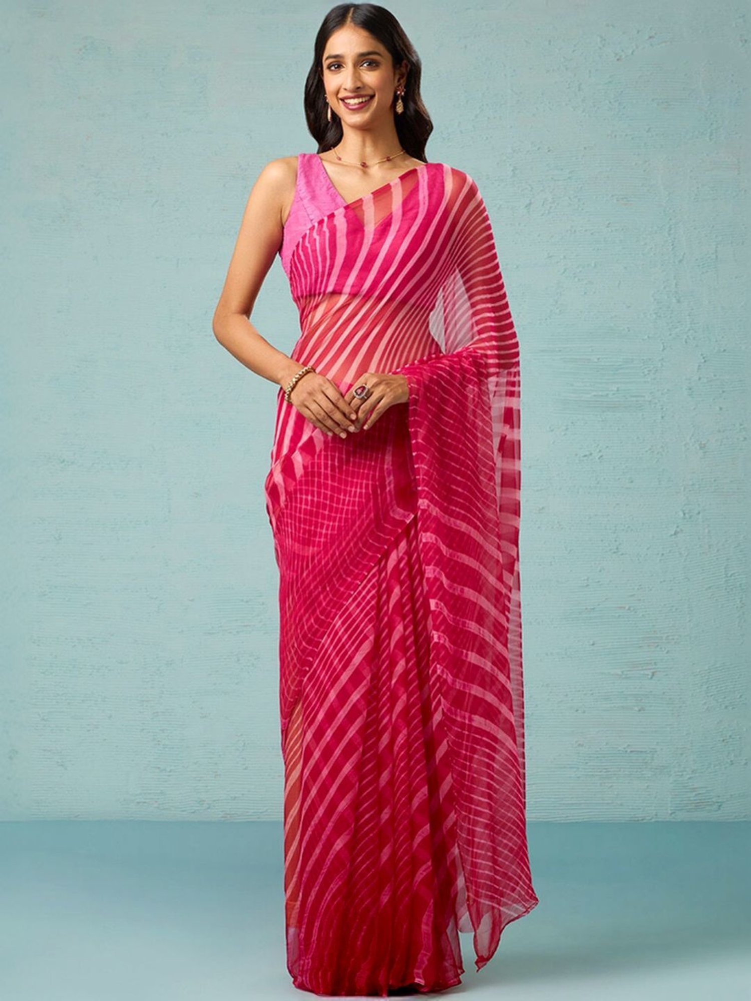 Taneira Pink Striped Saree With Unstitched Blouse