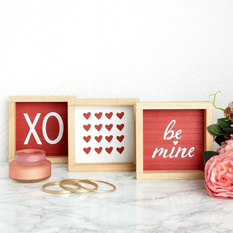 Farmlyn Creek 3 Pieces Wood Blocks Set for Valentine's Day Decor, XOXO, Hearts, Be Mine (6 x 6 in)