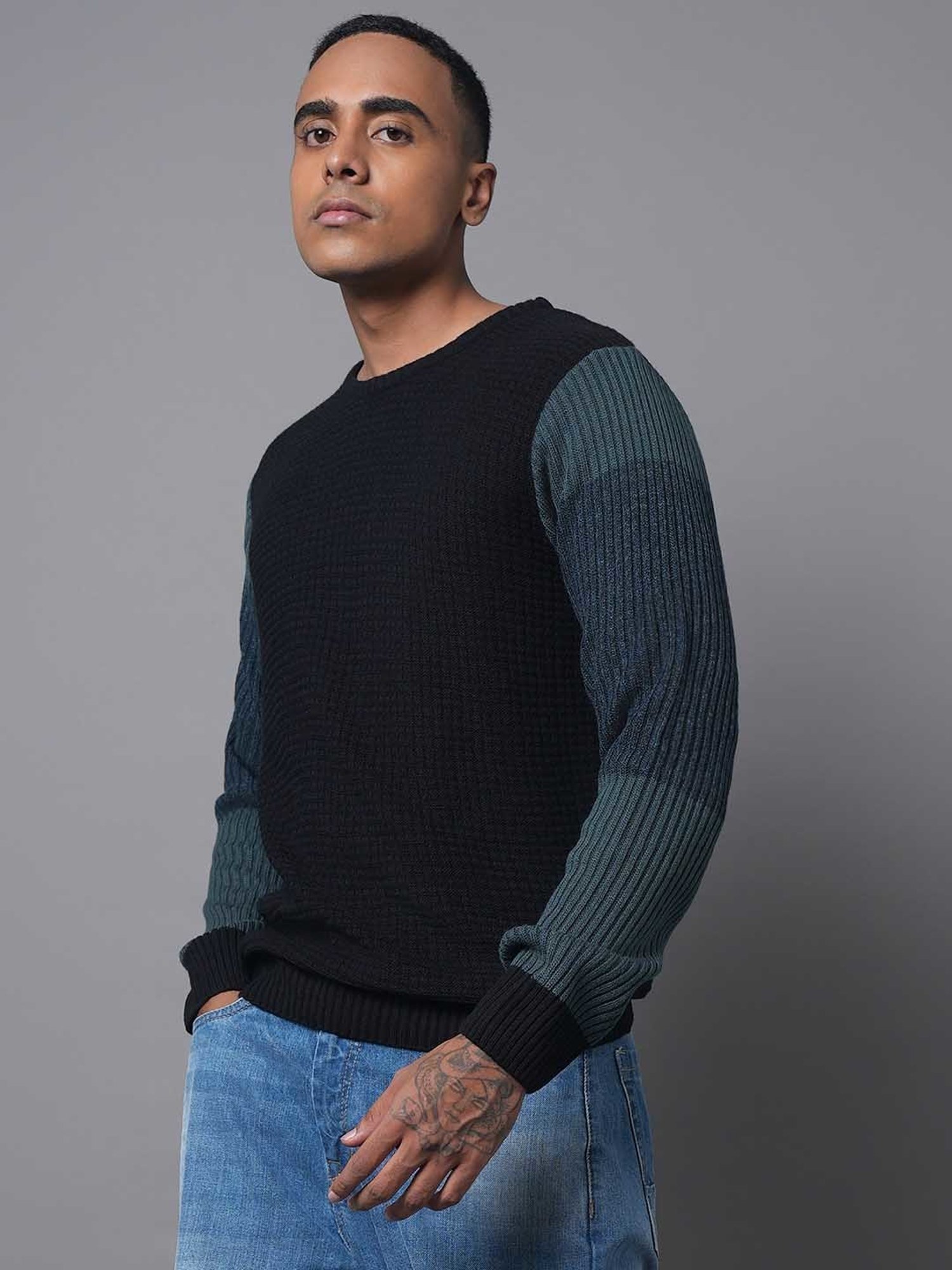 High Star Teal & Black Regular Fit Sweater