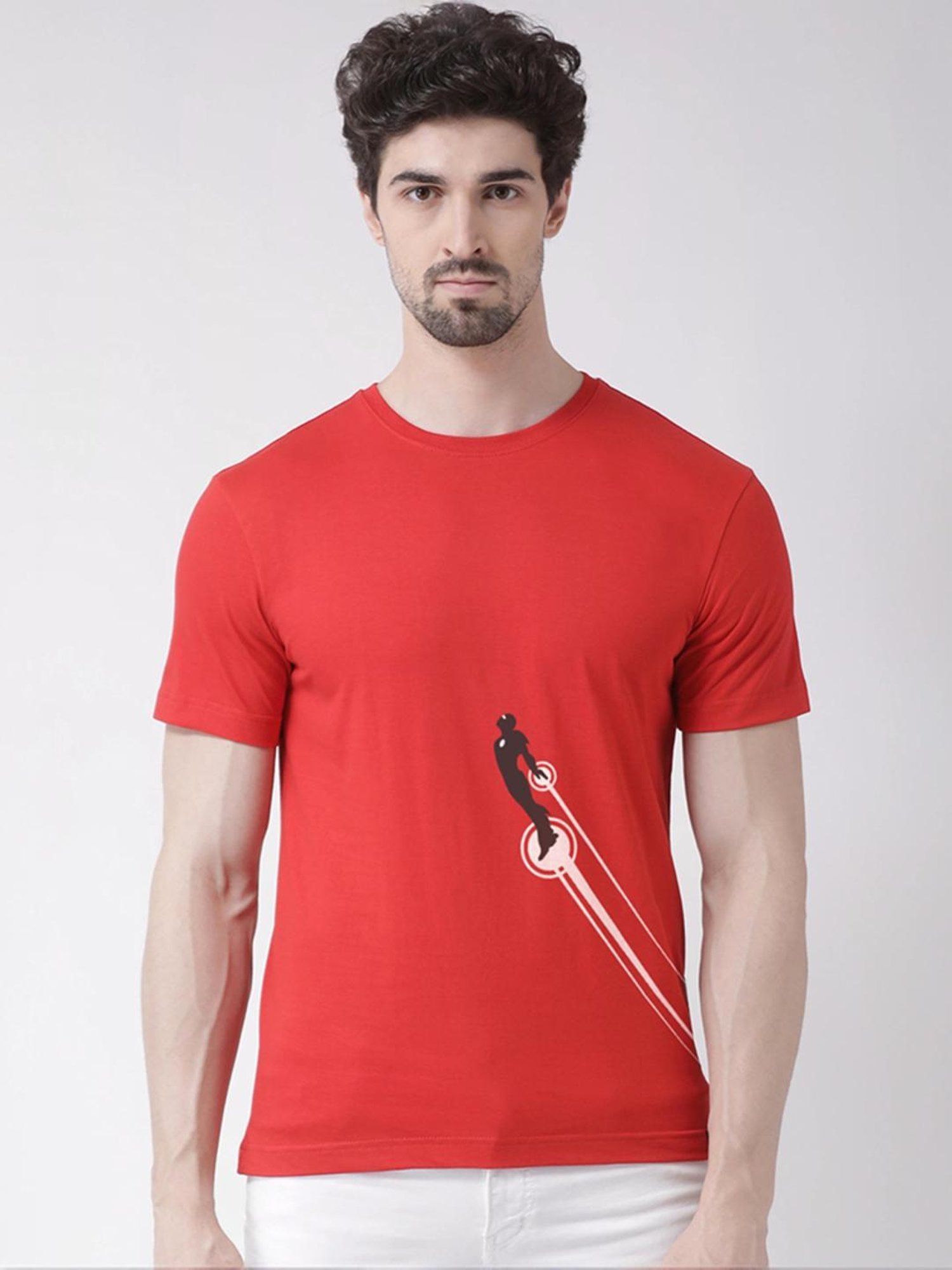 Friskers Red Cotton Slim Fit Printed T-Shirt
