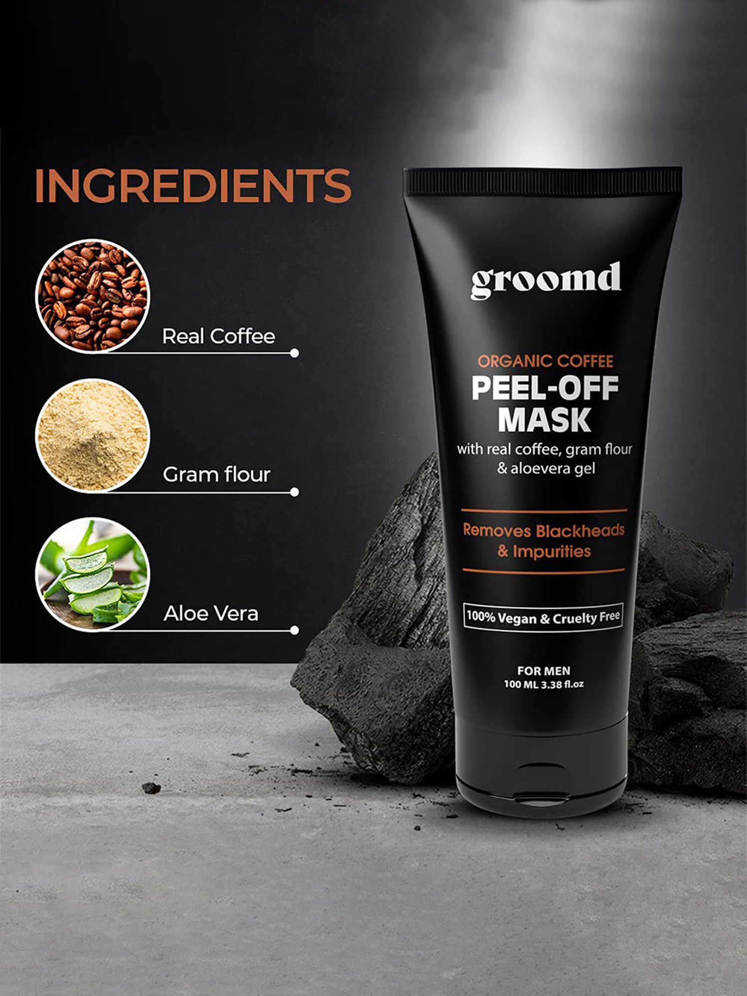 Groomd Coffee Peel-Off Mask with Real Coffee, Gram Flour & Aloe Vera - Removes Blackheads (100 ml)