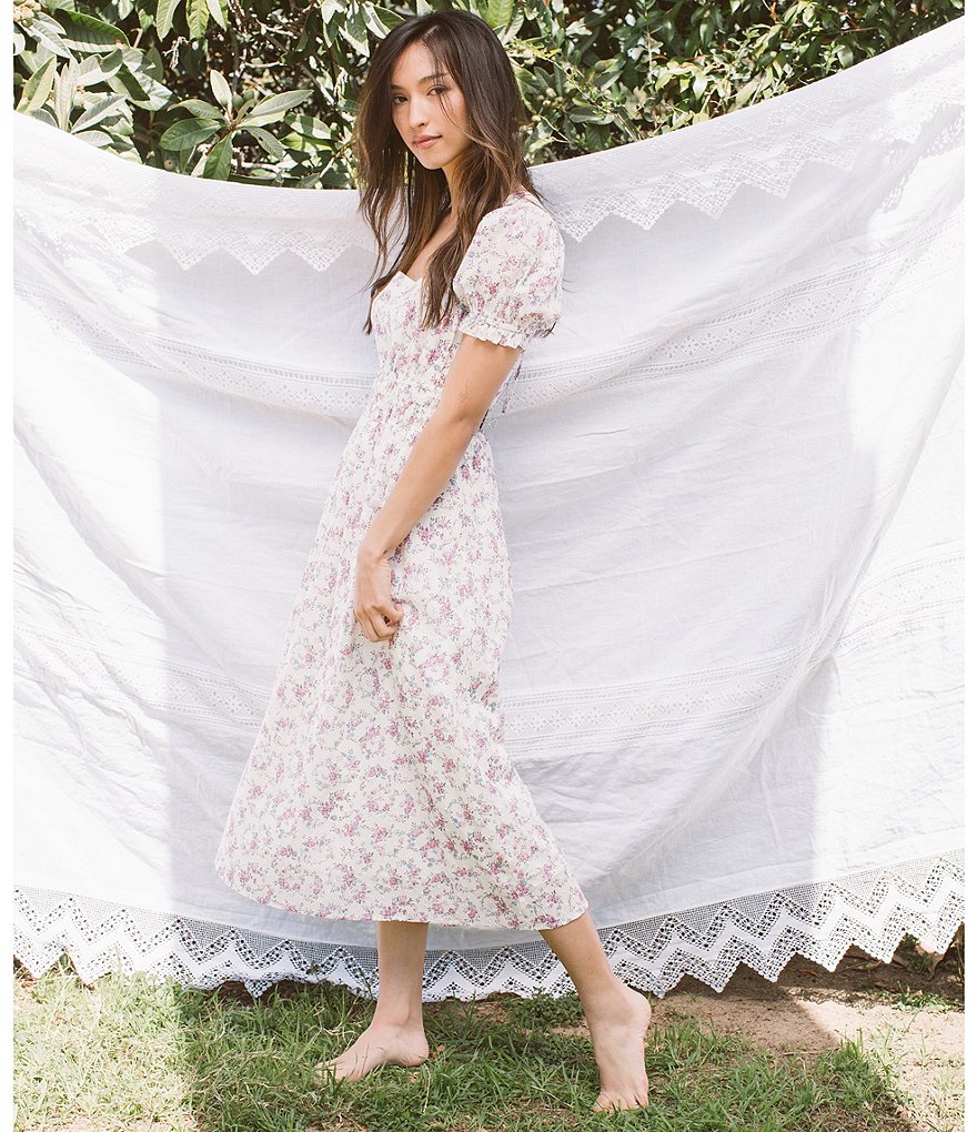 Shabby Chic Freya Floral Clip Dot Square Neck Puff Sleeve Midi Dress