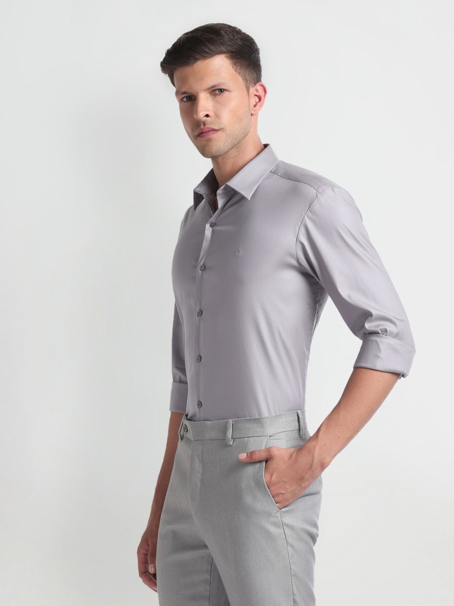 Arrow Newyork Grey Cotton Slim Fit Shirt