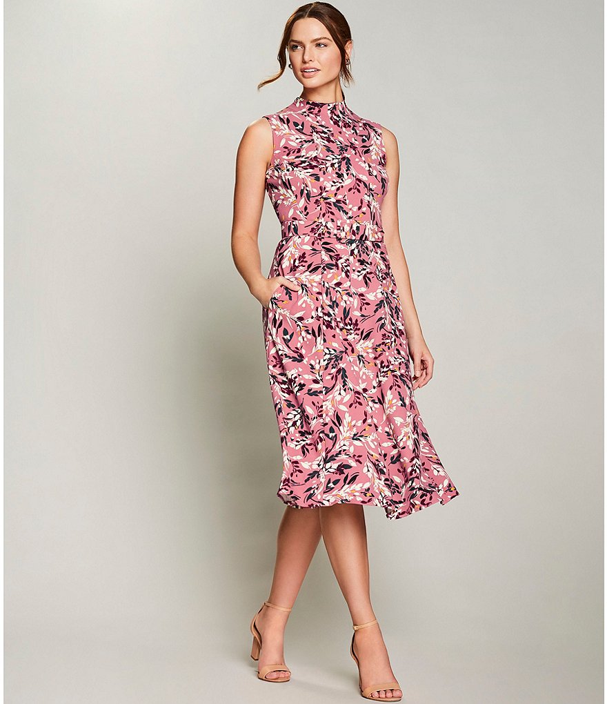 Maggy London Mock Neck Floral Print Crepe Satin Back Midi Dress