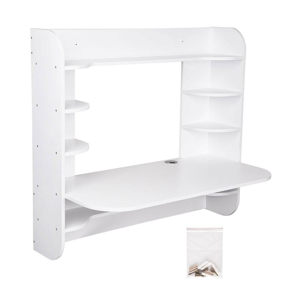 Wall Mounted Floating Computer Desk Wooden Hanging Table Workstation with Storage Shelves Study