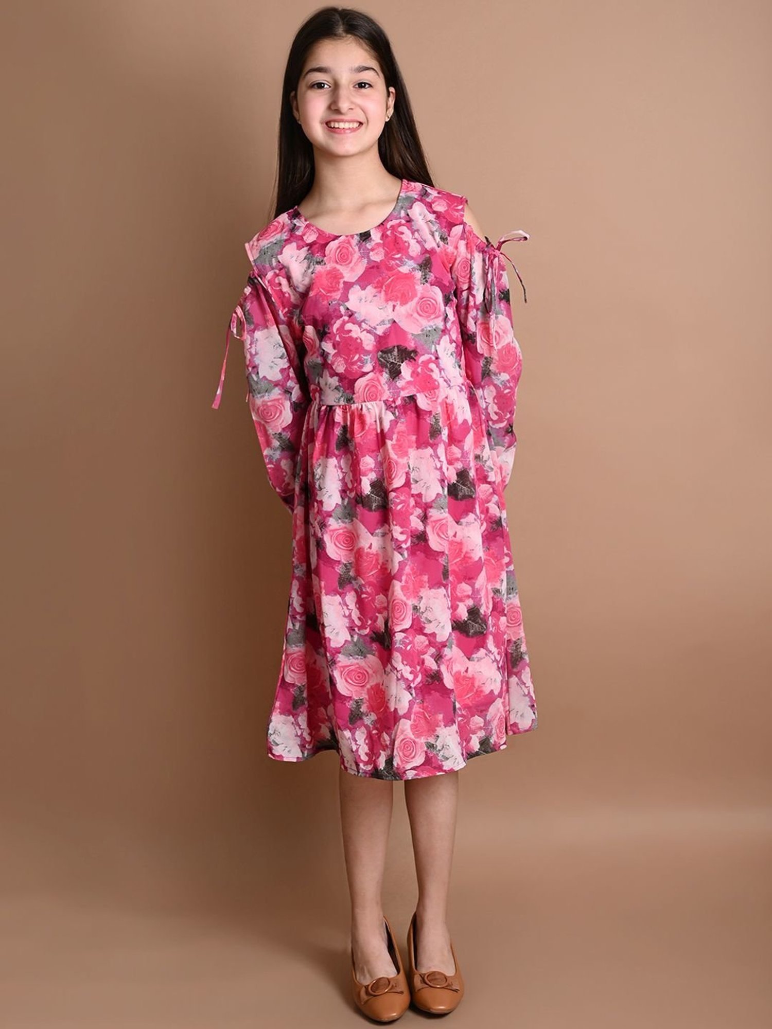 LilPicks Kids Pink Floral Print Full Sleeves Dress