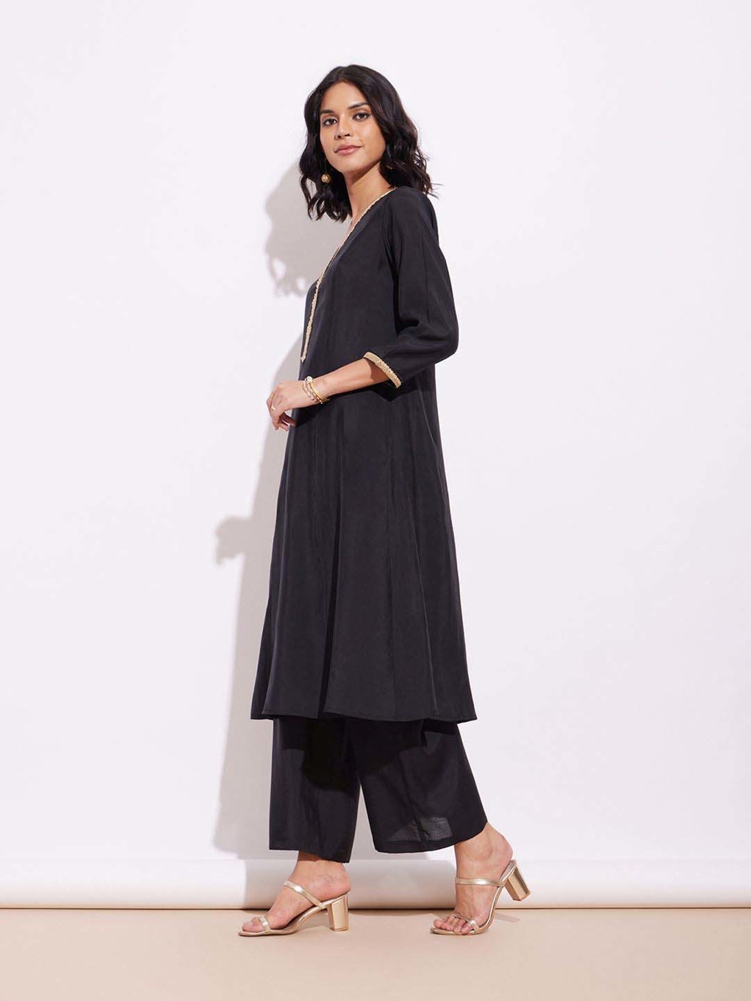 Pink Fort Black Plain Kurta Palazzo Set