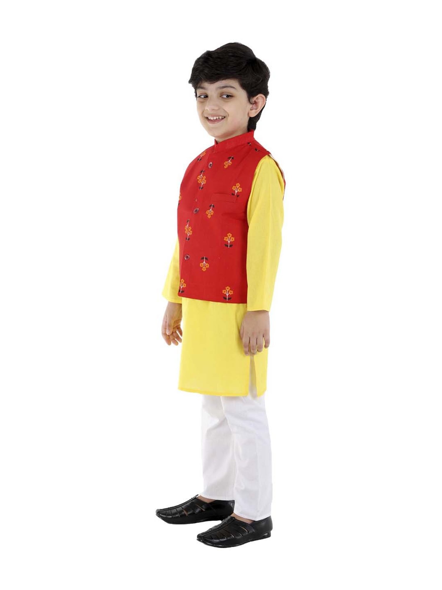 Ahhaaaa Kids Red & Yellow Cotton Floral Print Kurta Set