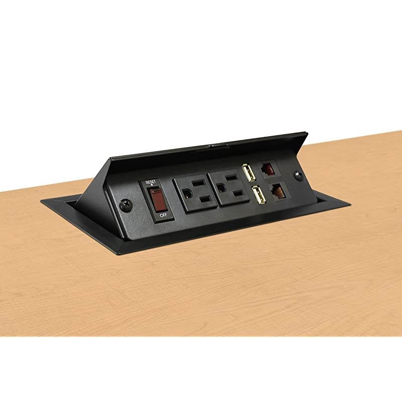 in Desk Popup Power Data Center 2 Power Plugs 2 USB Ports 1 Universal Data Port 1 Phone Jack Surge Protected UL Certified