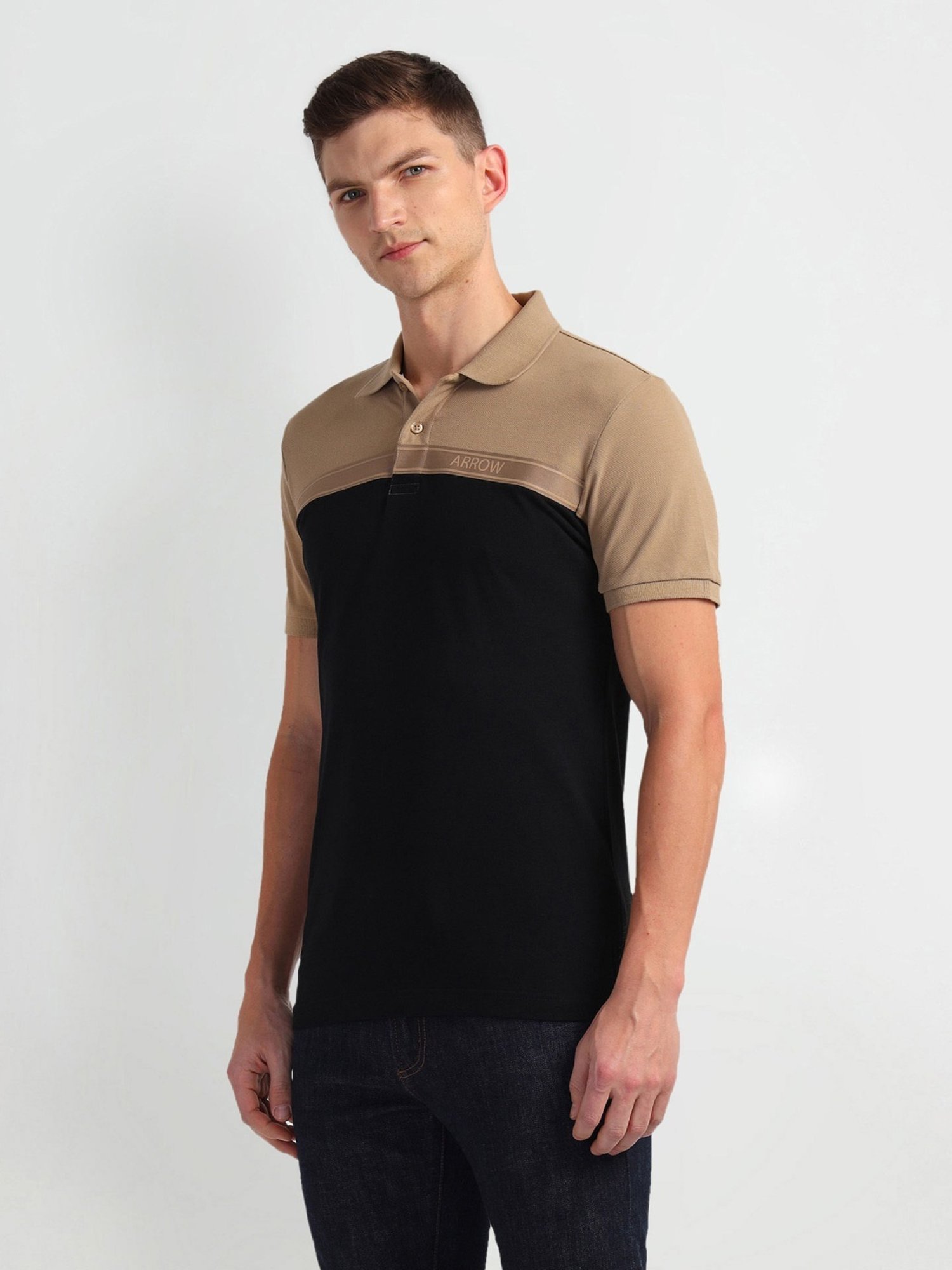 Arrow Sports Black Cotton Regular Fit Colour Block Polo T-Shirt